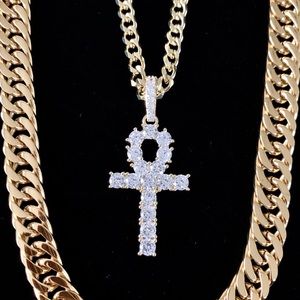 ANKH SET FULL DIAMONDS CZ 18K GOLD CHAIN ITALY